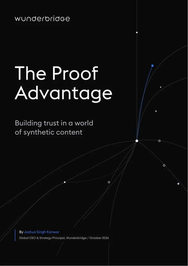Black cover of The Proof Advantage, featuring the Wunderbridge wordmark and a fine network of white and electric-blue lines